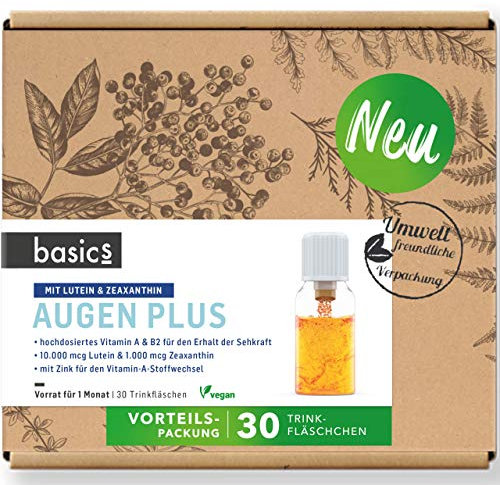 basics Augen Plus mit 10.000 mcg Lutein & 1.000 mcg Zeaxanthin - Hochdosiert - für optimale Augengesundheit mit Vitamin A und Zink - 30 Trinkflaschen - 10ml pro Tagesdosis - Vegan - 1er Pack