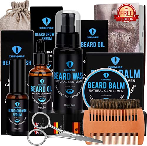 Kit Soin Barbe Homme Avec Huile à Barbe, Sérum de Croissance, Lavage, Baume, Brosse, Peigne, Ciseaux à Barbe
