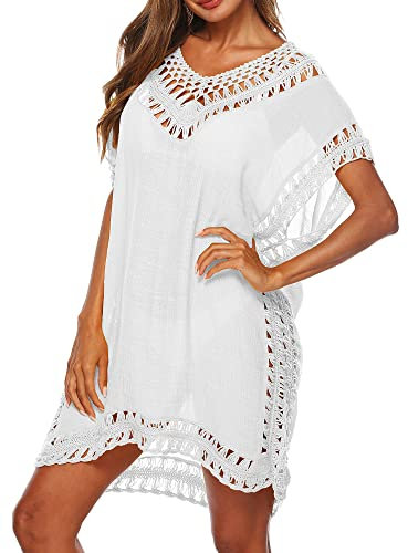 Women Swimsuit Cover Ups Beachwear Hollow Out V-Neck Short Sleeve Crochet Dress Bikini Swimsuit (A-White, One Size)