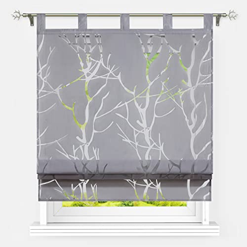 Heichkell Voile Raffrollo mit Schlaufen Gardine Ausbrenner Raffgardine ohne Bohren Ausbrenner Design >Baumast< Faltenrollo in Küche Rollos Vorhang mit seitlicher Schnüren Grau HxB 140x100 cm