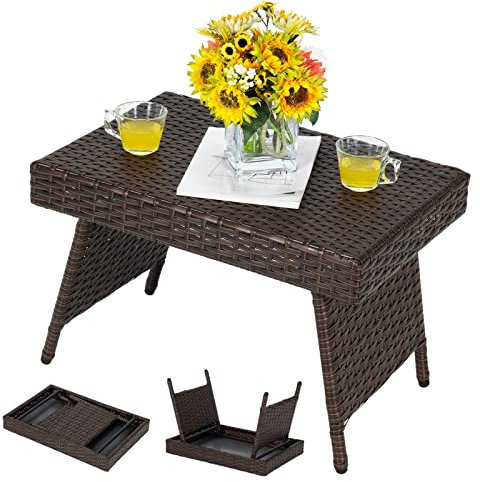 COSTWAY Table Basse Pliante en Rotin, Table Basse Tressée avec Structure en Acier Stable, Pas d'Assemblage, pour Piscine, Terrasse, Jardin, 60 x 40 x 40 CM