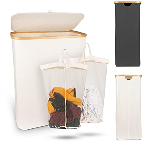 NEWARK Wäschekorb mit Deckel - Edler Wäschesammler mit 2 Fächer - Zusammenfaltbarer Wäschekorb XXL - Premium Laundry Baskets - Zweiteiliger Wäschekorbsammler 145L Beige