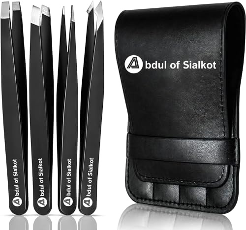 Abdul of Sialkot Eyebrow Tweezer Set for Women & Men,Professional Slant and Pointed Tweezers Set with Case,Precision Tweezers Kit for Facial Hair, Splinter and Ingrown Hair Removal ((Black 4 piece))