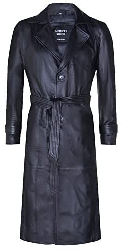 Men's Black Leather Classic Full Length Long Trench Coat XL
