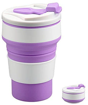 Jagowa Collapsible Silicone Cup - Portable & Reusable Mug with Lid for Travel, Camping, Hiking - Foldable & Space-Saving Design (Purple, 500ml)