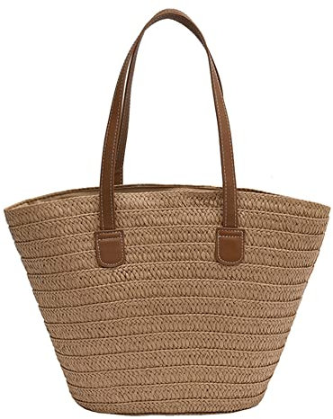 TIAASTAP Korbtasche Geflochten Weich Stroh Handtasche, Straw Bag Strohtaschen Damen Basttasche mit Reißverschluss, Einkaufstasche Geflochten mit Ledergriffe für Einkauf Strand Reise