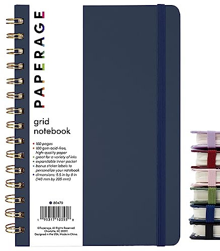 PAPERAGE Graph Paper Spiral Notebook & Journal (Marineblau), 160 Seiten, Medium 14,5 x 20,3 cm – 100 g/m² dickes Grafikpapier, Hardcover, Doppeldraht-Spiralnotizbuch