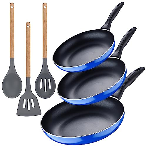Set 3pc sarten (16+20+24cm) aluminio prensado, inducción, azul navy paradise con Set 3pc utensilios de cocina silicona madera
