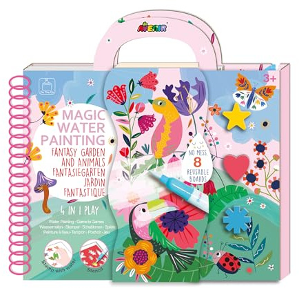 Avenir 6301895 Ausmalspiel Fantasiegarten, 4in1 Aktivitätenbuch, DIY Kreativ-Set mit Ausmalbildern, Stempel, Schablonen und Rätselspielen, für Kinder ab 3 Jahren