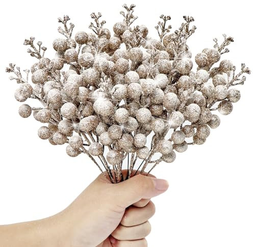 Kunjocy 12 Pcs Snowy Christmas Glitter Berries Stems, Frosted Christmas Berries Decorations Artificial Christmas Berries Picks for Christmas Wreath Garland Xmas Tree Ornament (Champagne)