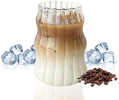 2pcs / 1pcs Vintage Drinking Glasses Ribbed Ice Coffee Cup, 530ml Wave Shape Cocktail Glasses, Gourd Shape Iced Coffee Glasses, Creative Ribbed Glassware for Tea, Milk, Whisky, Coffee Bar Accessories