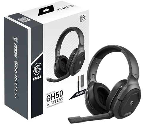 MSI Auriculares inalámbricos Immerse GH50 para Juegos – Duración de la batería de 22 Horas, Controladores de neodimio de 50 mm, micrófono omnidireccional Desmontable, Comodidad Ligera, conectividad
