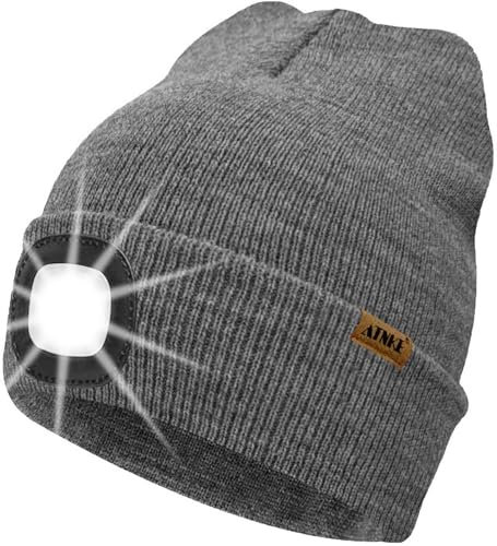 ATNKE LED Beleuchtete Mütze mit Licht,Wiederaufladbare USB 4 LED Beleuchtete Laufmütze Extrem Heller Lampe Winter Warme Stricken Mütze Technik Geschenke für Herren und Damen/Grey