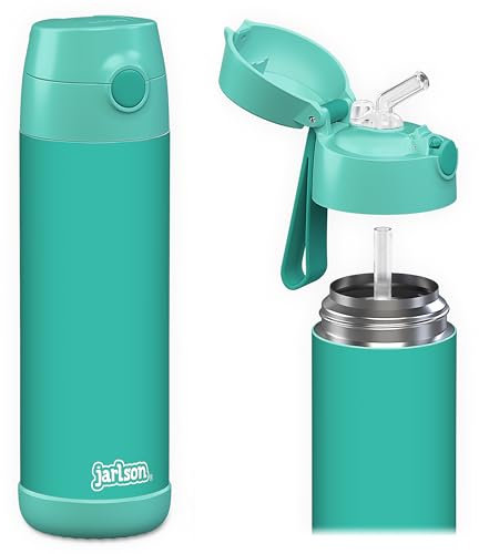 Jarlson® Trinkflasche Kinder Edelstahl CHARLI mit Strohhalm - Thermosflasche 350ml - TÜV geprüft - BPA frei - auslaufsicher - Thermo Wasserflasche für Schule, Kindergarten - Türkis, 500 ml