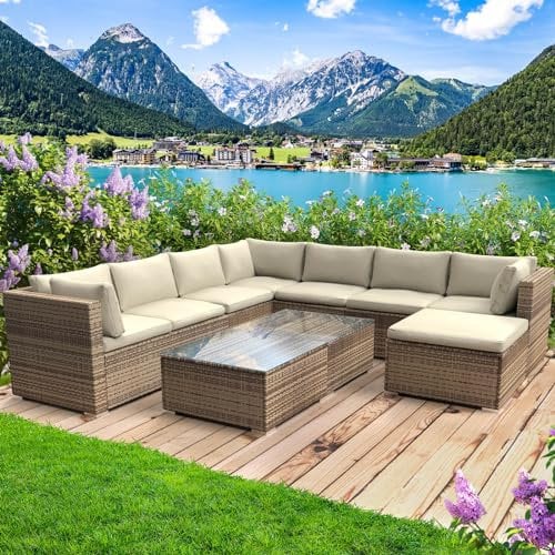 BRAST® Gartenmöbel Lounge Set | 6-7 Personen viele Modelle & Farben | inkl. extra Dicke Kissen | TÜV geprüft | Outdoor Loungemöbel Sitzgruppe Essgruppe Garnitur | Pleasure Braun