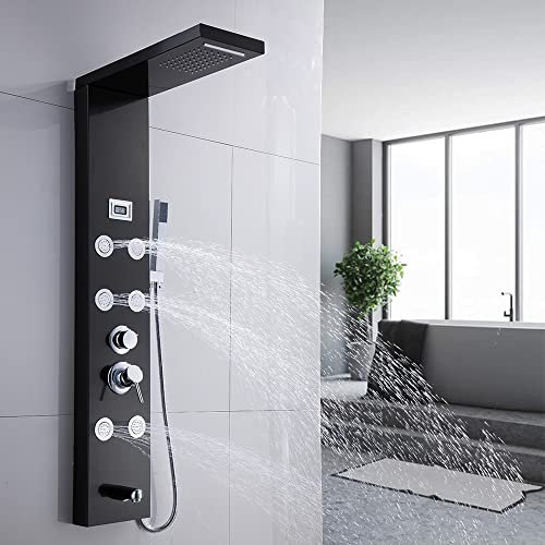 Duschpaneel mit Armatur, Höhe: 113.5cm, 6 Funktionen Duschpaneel mit Temperaturanzeige, Regendusche, 6 Massagedüsen, Handbrause und Wanneneinlauf, Duschamaturen set Duschsäule Duschset Edelstahl