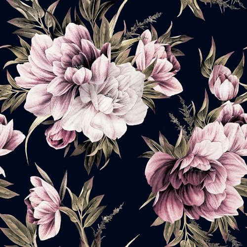 FunStick 44.5CM×9M Dark Pink Floral Peel and Stick Wallpaper for Kitchen Wardrobe Bohemian Peony Dark Flower Wallpaper Floral Sticky Back Plastic Patterned for Walls Shelves Black Furniture Vinyl Wrap