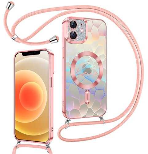 Kokio Magnetische Glitzer Handykette für iPhone 12 Hülle mit Band [Kompatibel mit MagSafe] Kameraschutz Durchsichtig Handyhülle für Frauen Mädchen Silikon Stoßfeste Schutzhülle für iPhone 12 Rosa