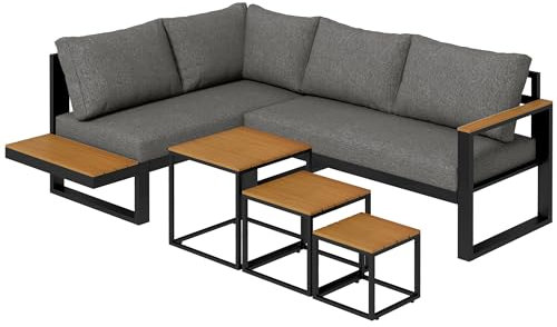 Outsunny 5-TLG. Gartenmöbel-Set, Gartengarnitur mit Ecksofa, Doppelsofa, Couchtisch, Balkonmöbel-Set mit Sitzkissen, Gartenlounge-Set für Terrasse, Balkon, Grau