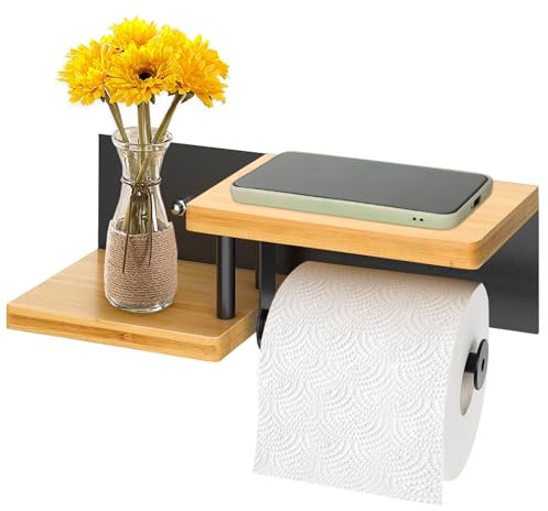 Toilettenpapierhalter Klorollenhalter ohne Bohren, Klopapierhalter aus Stahl & Bambus, WC Rollenhalter Papier Halterung für Bad und Küche, klorollenhalter Montage durch Bohren