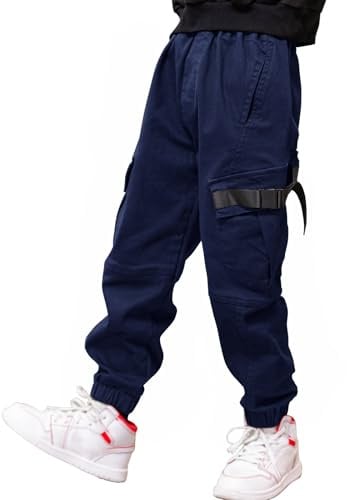 MEILONGER Jungen Cargohose Kinder Baumwolle Casual Hosen Elastische Taille Wandern Schule Uniform Sweatpants Jogger(Dunkelblau,8)