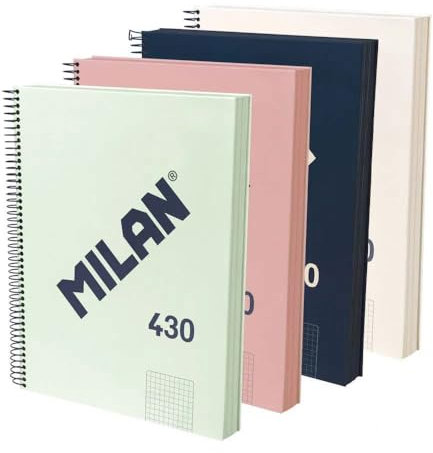 MILAN® Pack 4 cuadernos A4 con tapa dura, papel cuadriculado (5 x 5 mm), 120 hojas de 95 gr/m², colección goma 430