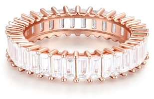 Bague baguette en or rose 18 carats avec cristaux transparents étincelants - Bague pour femme en argent sterling 925 - Bague d'éternité empilable large - Bijou de qualité supérieure
