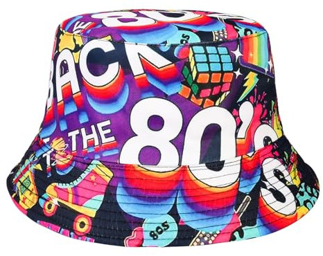 MILAKOO 80er Jahre Eimer Hut für Männer Frauen Lustig Retro Party Fischerhüte Vintage Print Fischer Hut Unisex Reversible Portable Sommerhut für Disco Hip hop Outdoor