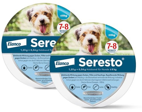 Seresto Halsband Sparset für kleine Hunde bis 8 kg: 7 bis 8 Monate wirksamer Schutz gegen Zecken und Flöhe, Länge 36 cm, 1,25 g + 0,56 g, 2 Halsbänder