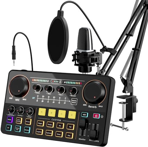 SINWE All-in-One Podcast Equipment Bundle - Complete Audio Interface with Condenser Microphone,Mixer with 48V Phantom Power - Ideal for Podcasting, Streaming, Gaming, YouTube & TikTok
