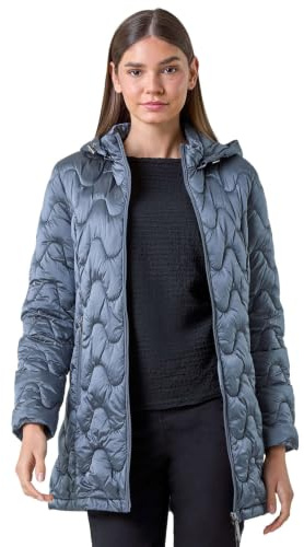 Roman Women Padded Longline Coat with Hood - Ladies Zip Through Autumn Winter Long Length Lightweight Quilted Warm Cosy Everyday Zip Up Casual Jackets Coats