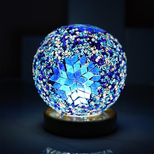 HyDlan Nachttischlampe Glas-Patchwork-Tischlampe, Boho-Stil (15.5 x 12.5cm), USB Stromanschluss Vintage Deko Schreibtischlampe, für modern Deko Schlafzimmer Nachtlampe, Wohnzimmer (Boho-Himmelblau)