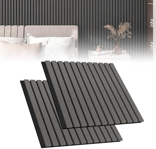 Froadp Akustikpaneele 2er Set Holz-Furnier Akustische Wandpaneele 60 x 60 cm Wandverkleidung Zuschneidbare Lamellenverkleidung Holz-Akustikplatten für Wohnzimmer Studio Büro, Anthrazit