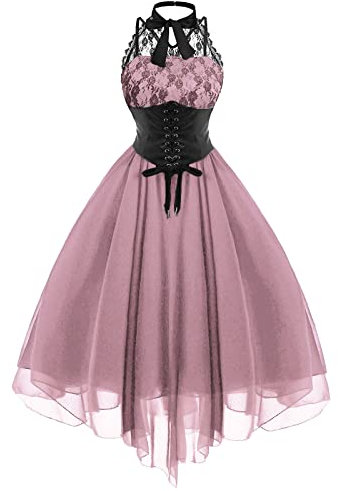 Robe gothique d'Halloween pour femme - Corset - Costume d'Halloween pour femme - Robe médiévale en dentelle et mousseline de soie - Robe victorienne sans manches - Robe de la Renaissance swing