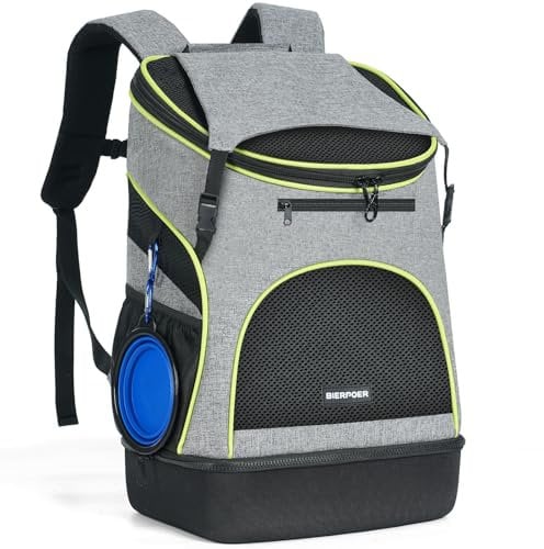 BIERPOER Katzenrucksack Hunderucksack für Katzen und Kleine Hunde 7kg, Haustier Rucksack mit Innerer Sicherheitsleine und Schale, Grau