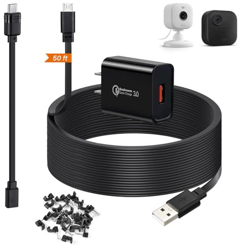 50ft Power Extension Cable Compatible with Blink Mini 2, Blink Mini and Blink Outdoor 4 Cameras - 15m Long Flat Micro USB Charging Cord with 30cm USB C Waterproof Adapter and 18W Fast Charger, Black