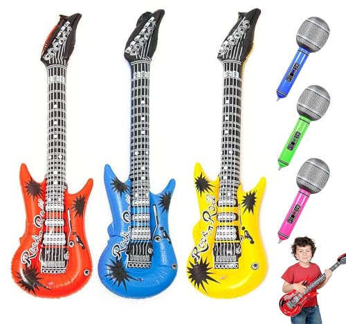 6 PCS Inflatable Guitar and Microphone Balloons, Inflatable Microphones for Parties, Blow up Guitars, Blow up Microphone, Inflatable Party Props, For Kids Adults Party Decoration