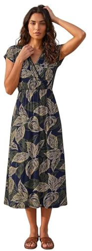 Roman Originals Wrap Dress for Women UK Ladies Swing Skater Fit & Flare A Line Tea Stretch Knee Length V-Neck Holiday Summer Smart Casual Work Party Evening - Navy Leaf - Size 20
