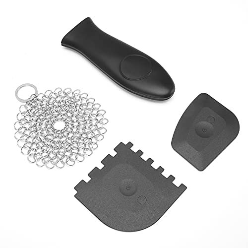 WPKD BLUEIY Stainl Steel Cast Iron Cleaner Scrubber, Toothed Scraper and Pot Handle Cover Kitchen Cleaning Kit, Includes Pan Scraper and Fry Pan Cleaning Tool
