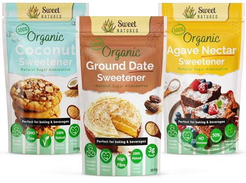 Sweet Natured Natural Sweetener Bundle - 3 x 350g Pack: Ground Date Sweetener, Agave Nectar Sweetener & Coconut Sugar - Certified Organic, Vegan and Perfect for Baking, Breakfast & Tea