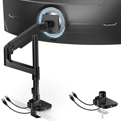 ARES WING Ultrawide Monitor Arm with USB A/C, Single monitor Mount with Extended Column for 17 to 49 Heavy Duty monitors, Holds 44 lbs, Adjustable Gas Spring Monitor arm Desk mount, Black