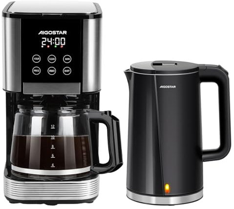 Aigostar Frühstücksset - Edelstahl Wasserkocher + Filterkaffeemaschine (1,7L, 2200W, Doppelwand Design, BPA-frei) & (1,5L, 14 Tassen, 1000W, 24h Programmierbar, 2 Stärkeebenen, Warmhaltefunktion)