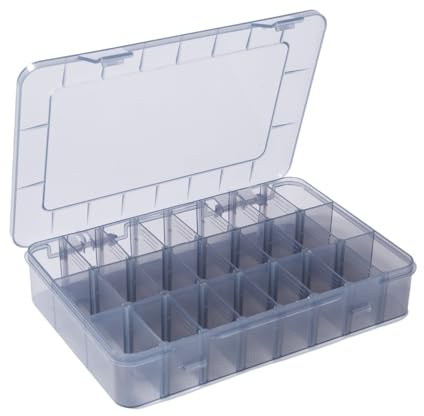 UtiliZenMall 1 Pack 24 Grids Plastic Craft Storage Box, Grey Multi Stackable Plastic Organizer Container for Jewelry, Beads, Bolts, Snacks, Pills & Fishing Tackle - Includes Label Stickers