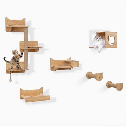 COSTWAY Arbre a Chat Mural en Bois, 6 Pcs Parcours Chat, Hamac, Condo, Plateforme avec 2 Gamelles, Tour pour Chaton à 3 Niveaux, Marches, Poteaux à Griffer en Jute, Pompon Suspendu