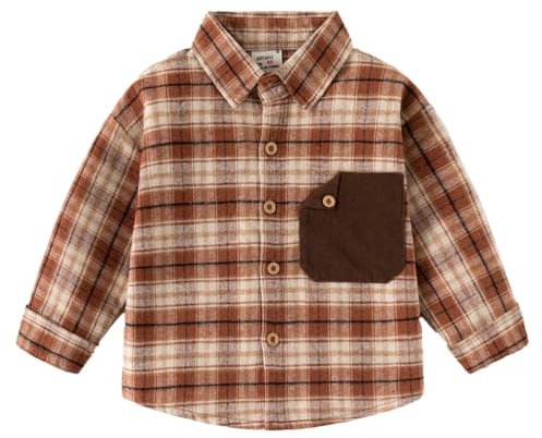 LUVCES Camisas de Franela a Cuadros para Niños Blusa Informal de Algodón con Botones Camisa Clásica con Bolsillo en el Pecho Otoño Primavera Ropa Cuadros Marrones 18-24 Meses