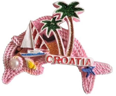 KUSTOM ART Kühlschrankmagnet Kroatien in Form eines rosa Delfins mit Palmen und Boot 3D-Magnet Sammlerstück 8 x 6 cm CC-8