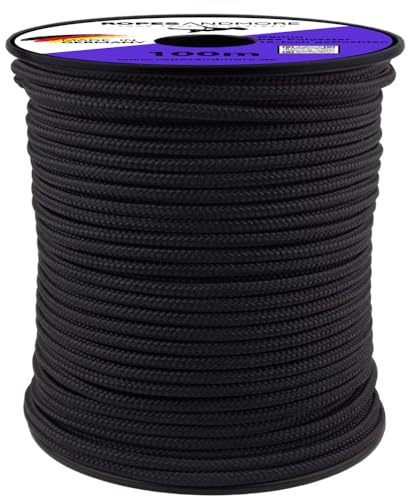 Ropes and More Corde en polyester tressée, diamètre : 3 à 14 mm, 10 m, 20 m, 30 m, noire, diamètre : 8 à 10 mm