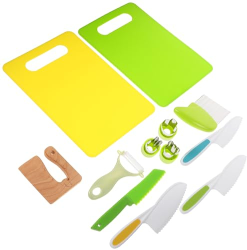 MUSISALY Ensemble Cuisine pour Tout-Petits 12 Pièces en Bois et Plastique Couteau Animaux et Ustensiles Colorés Jaune, Vert, Bleu, Kit D’Accessoires Cuisine Éducatif Sécurisé pour Garçon