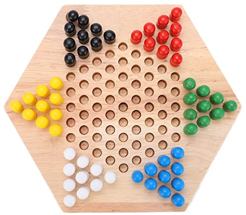 YUKERMARB Dames Chinoises, Mini 60 Pièces Colorées, Bassin D'échecs en Bois Robin à Six Côtés, Jeu éducatif, Accessoires D'échecs, pour Adultes/Enfants