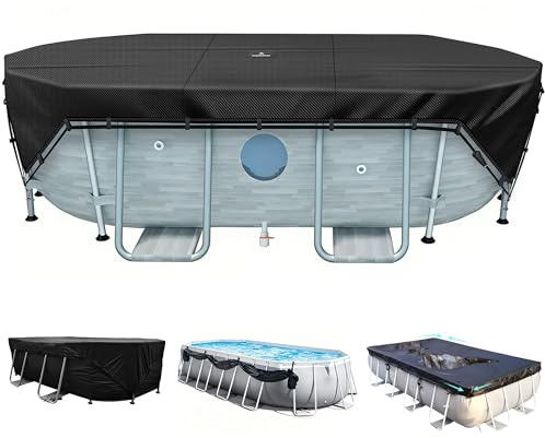 SIHAIAN Poolabdeckung Rechteckig 732x366 cm, 500D Pool Abdeckplane mit 4-Ecken-Verriegelung & 4 Befestigungsgurten, für rechteckige & ovale Aufstellpools, verhindert Wasseransammlungen